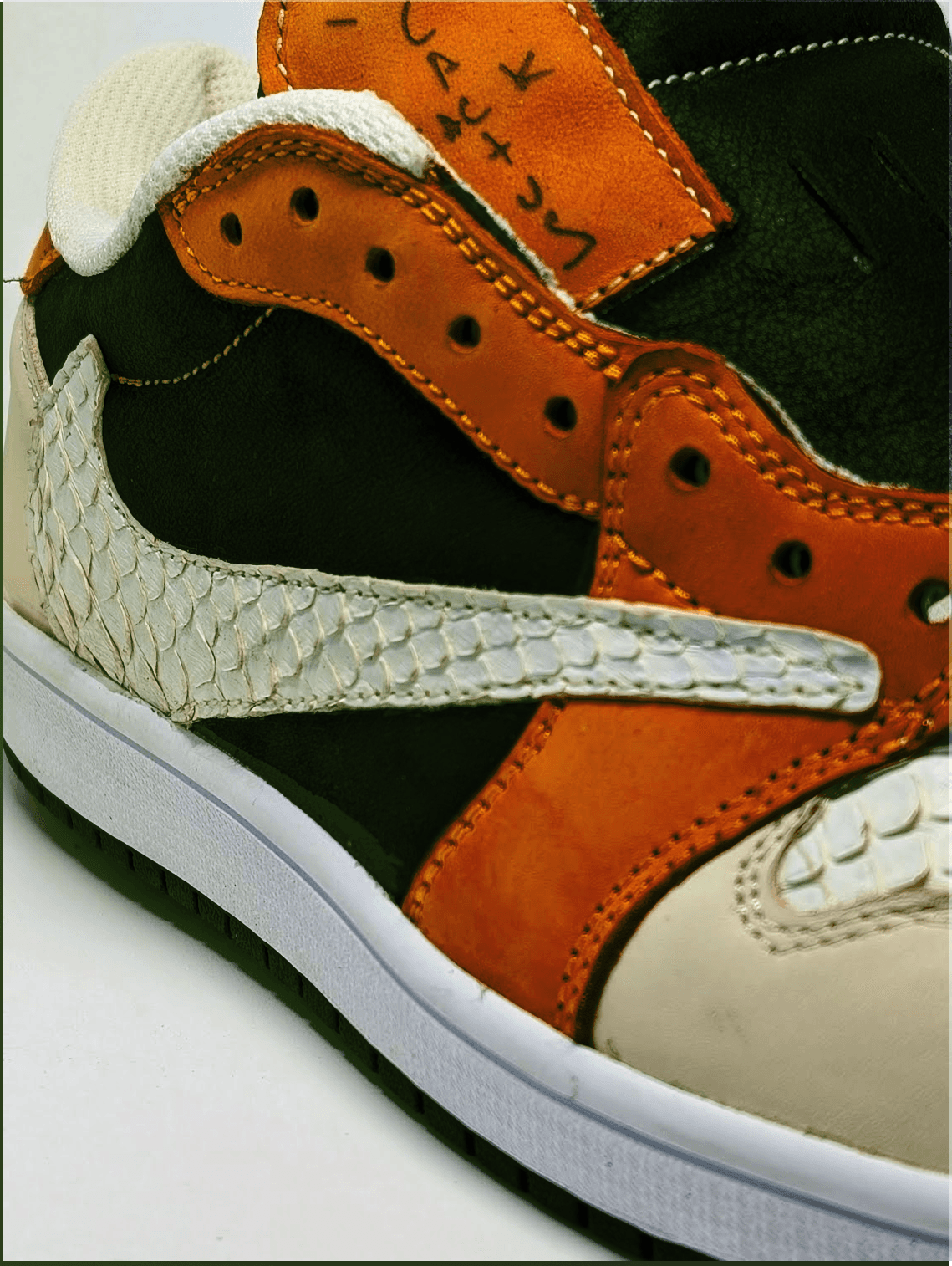Bespoke shoe, close-up of stitching detail on the last